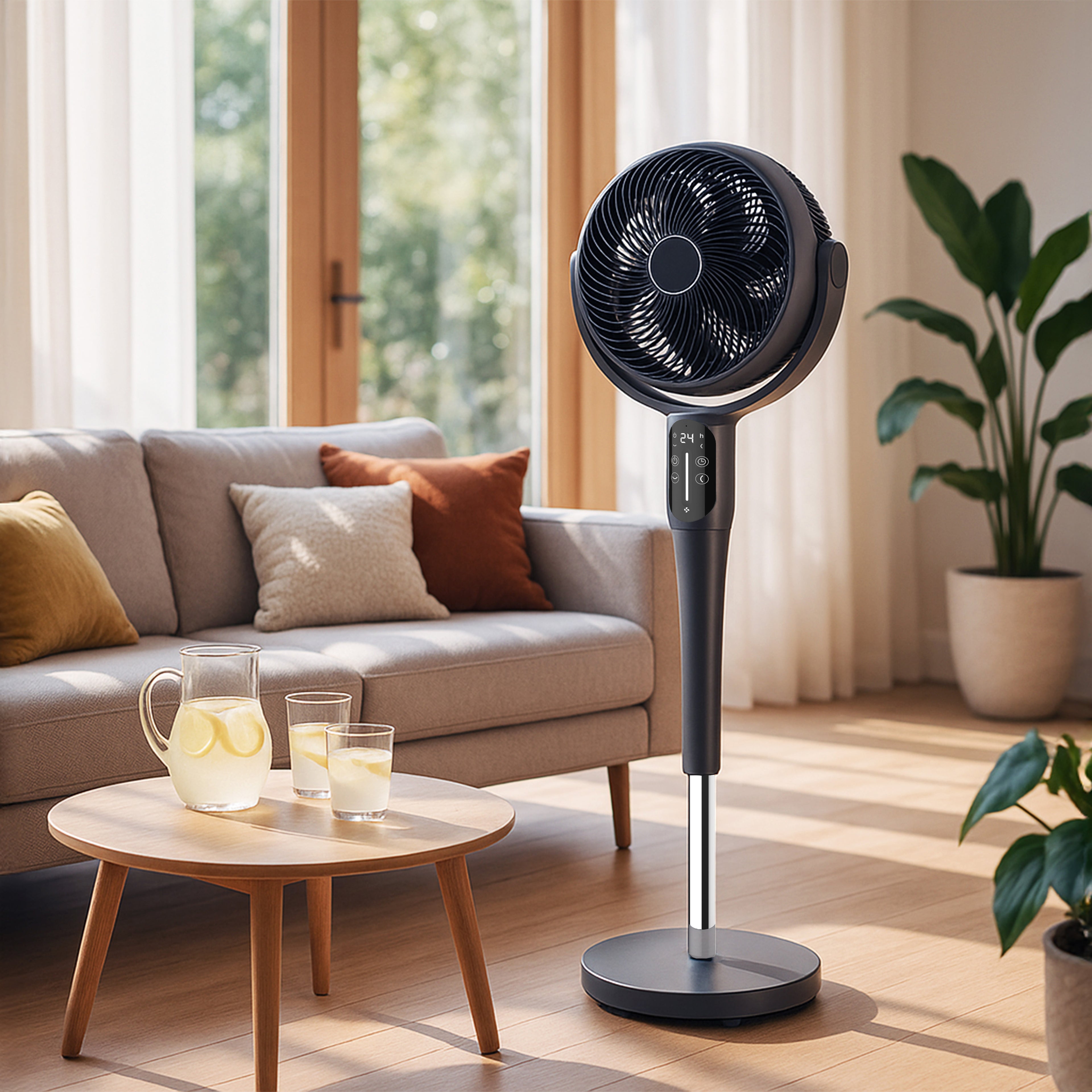 Stand fan in a living room with a couch, coffee table, and plants.