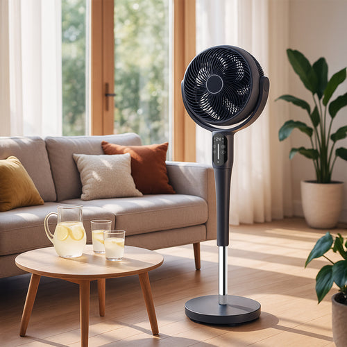 Stand fan in a living room with a couch, coffee table, and plants.